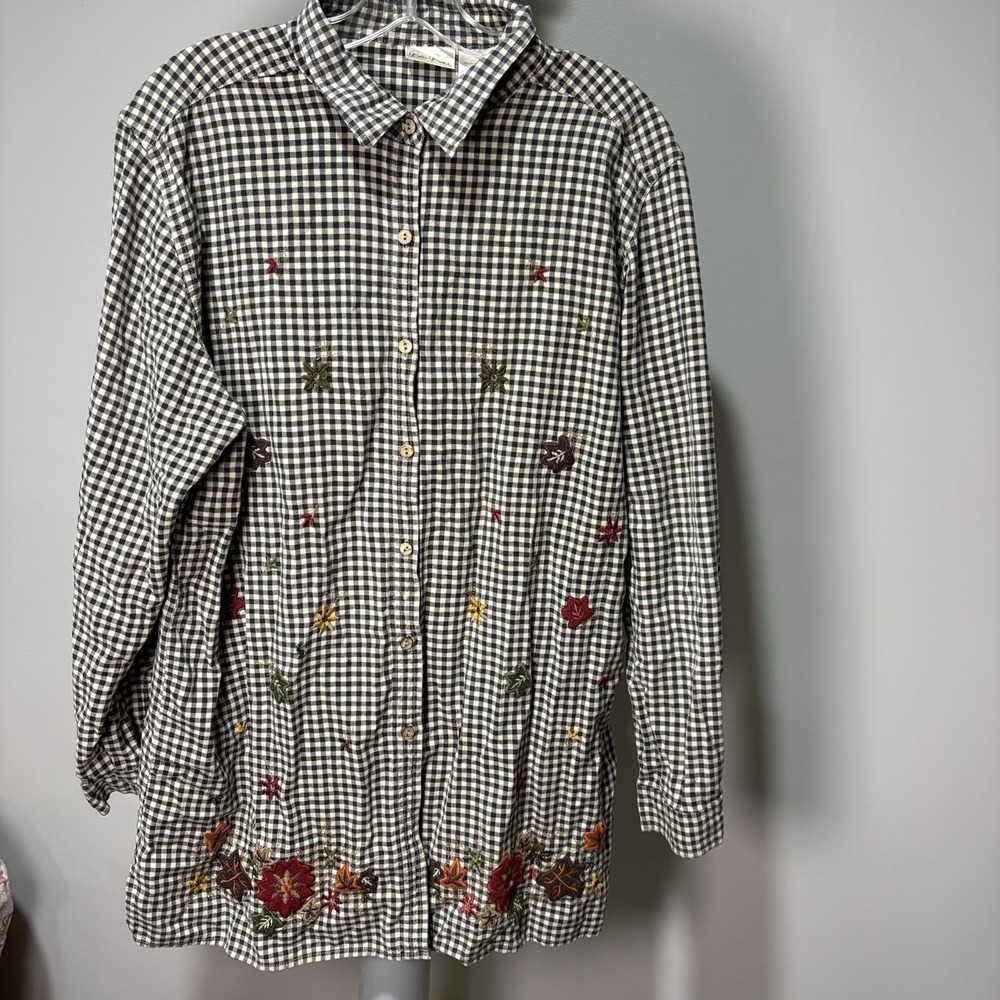 Vtf Bobbie Brooks Fall Leaves Embroidered Gingham Button Shirt Womens XL Cabin